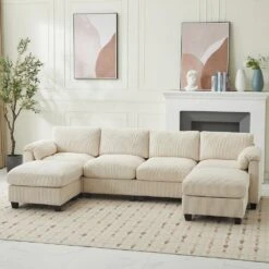 114.96 In Corduroy Modular U-Shaped Beige Sectional Sofa With 2-Ottomans For Living Room And Spacious Space -More Furniture Store beige jearey sectional sofas dxrzjsf6 beige 4f 1000