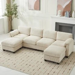 114.96 In Corduroy Modular U-Shaped Beige Sectional Sofa With 2-Ottomans For Living Room And Spacious Space