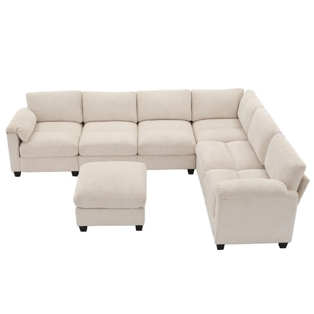 115 In. Corduroy Modular L-Shaped Beige 7-Seat Sectional Sofa For Living Room And Spacious Space 4 115 In. Corduroy Modular L-Shaped Beige 7-Seat Sectional Sofa For Living Room And Spacious Space - Image 4