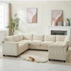 115 In. Corduroy Modular U-Shaped Beige 8-Seat Sectional Sofa For Living Room And Spacious Space -More Furniture Store beige jearey sectional sofas dxrzjsf8 beige 4f 1000