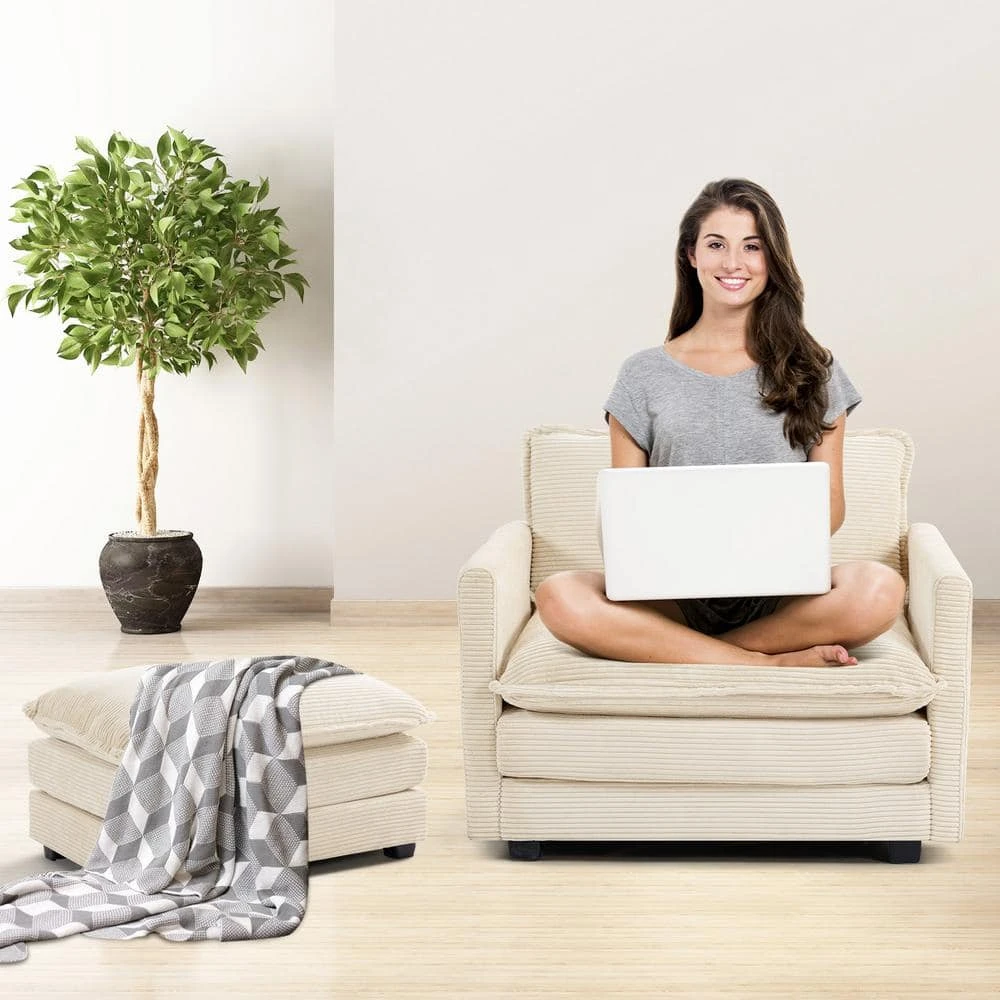 112 In. W 4-Piece Modern Straight Arm Corduroy Fabric L-Shaped Sectional Sofa With Ottoman In Beige 7 112 In. W 4-Piece Modern Straight Arm Corduroy Fabric L-Shaped Sectional Sofa With Ottoman In Beige - Image 7