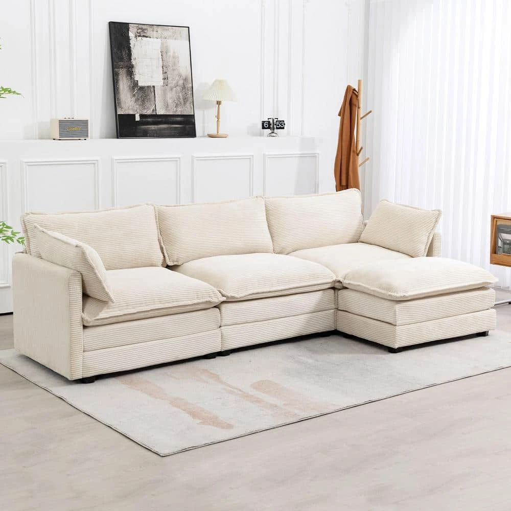 112 In. W 4-Piece Modern Straight Arm Corduroy Fabric L-Shaped Sectional Sofa With Ottoman In Beige 11 112 In. W 4-Piece Modern Straight Arm Corduroy Fabric L-Shaped Sectional Sofa With Ottoman In Beige - Image 11