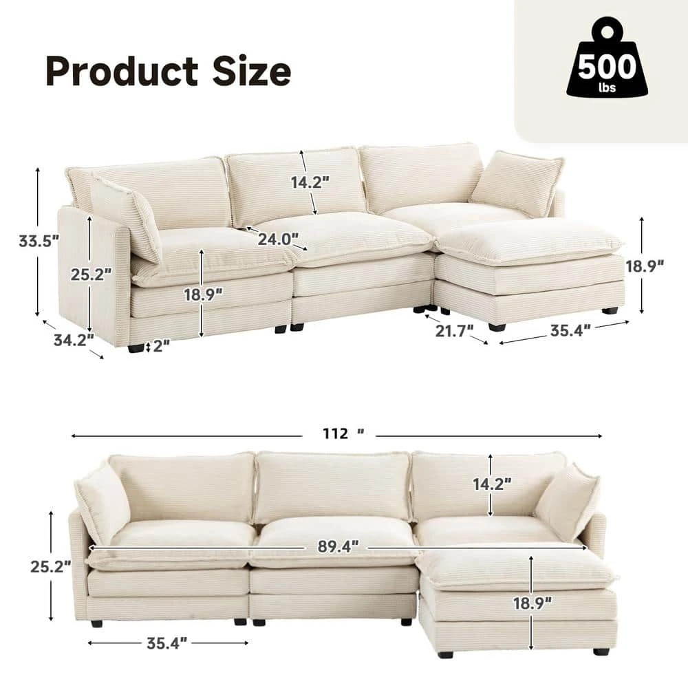 112 In. W 4-Piece Modern Straight Arm Corduroy Fabric L-Shaped Sectional Sofa With Ottoman In Beige 3 112 In. W 4-Piece Modern Straight Arm Corduroy Fabric L-Shaped Sectional Sofa With Ottoman In Beige - Image 3
