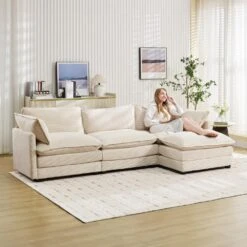 112 In. W 4-Piece Modern Straight Arm Corduroy Fabric L-Shaped Sectional Sofa With Ottoman In Beige 16 112 In. W 4-Piece Modern Straight Arm Corduroy Fabric L-Shaped Sectional Sofa With Ottoman In Beige -More Furniture Store beige jearey sectional sofas e46sf 3 bg 4f 1000