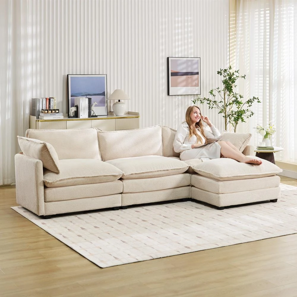 112 In. W 4-Piece Modern Straight Arm Corduroy Fabric L-Shaped Sectional Sofa With Ottoman In Beige 6 112 In. W 4-Piece Modern Straight Arm Corduroy Fabric L-Shaped Sectional Sofa With Ottoman In Beige - Image 6