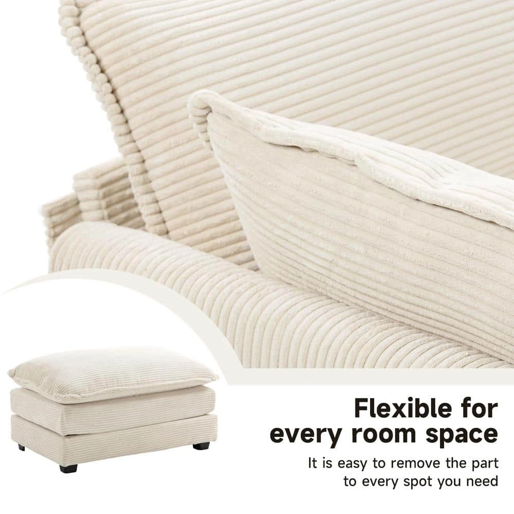 112 In. W 4-Piece Modern Straight Arm Corduroy Fabric L-Shaped Sectional Sofa With Ottoman In Beige 10 112 In. W 4-Piece Modern Straight Arm Corduroy Fabric L-Shaped Sectional Sofa With Ottoman In Beige - Image 10