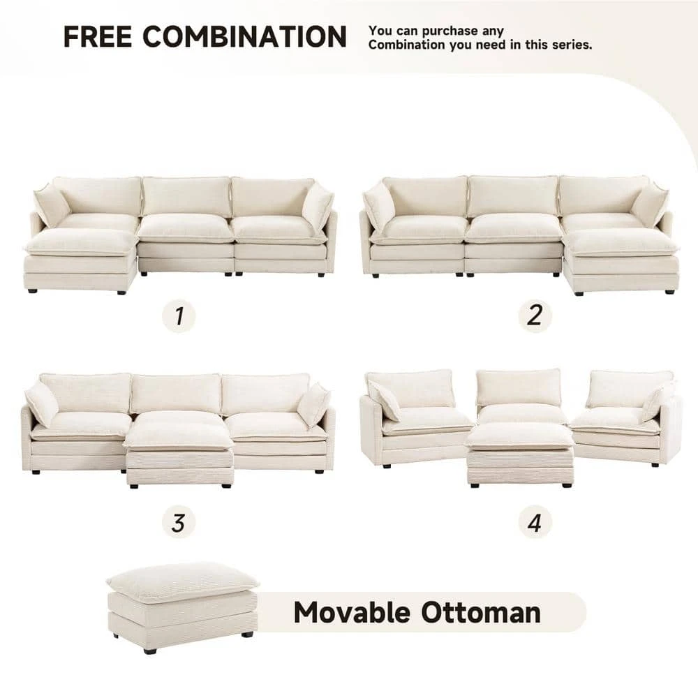112 In. W 4-Piece Modern Straight Arm Corduroy Fabric L-Shaped Sectional Sofa With Ottoman In Beige 2 112 In. W 4-Piece Modern Straight Arm Corduroy Fabric L-Shaped Sectional Sofa With Ottoman In Beige - Image 2