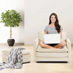 147 In. W 6-Piece Modern Fabric Sectional Sofa With Ottoman In Beige -More Furniture Store beige jearey sectional sofas e46sf 4 bg 31 1000