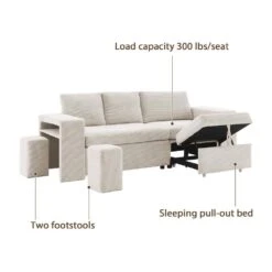 90.94 In. Beige Corduroy Upholstered L-Shaped Sleeper Sectional Sofa With Storage And Removable Ottomans For Living Room 13 90.94 In. Beige Corduroy Upholstered L-Shaped Sleeper Sectional Sofa With Storage And Removable Ottomans For Living Room -More Furniture Store beige jearey sectional sofas lsbsf beige 1f 1000