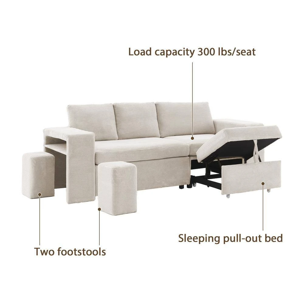 90.94 In. Beige Corduroy Upholstered L-Shaped Sleeper Sectional Sofa With Storage And Removable Ottomans For Living Room 5 90.94 In. Beige Corduroy Upholstered L-Shaped Sleeper Sectional Sofa With Storage And Removable Ottomans For Living Room - Image 5