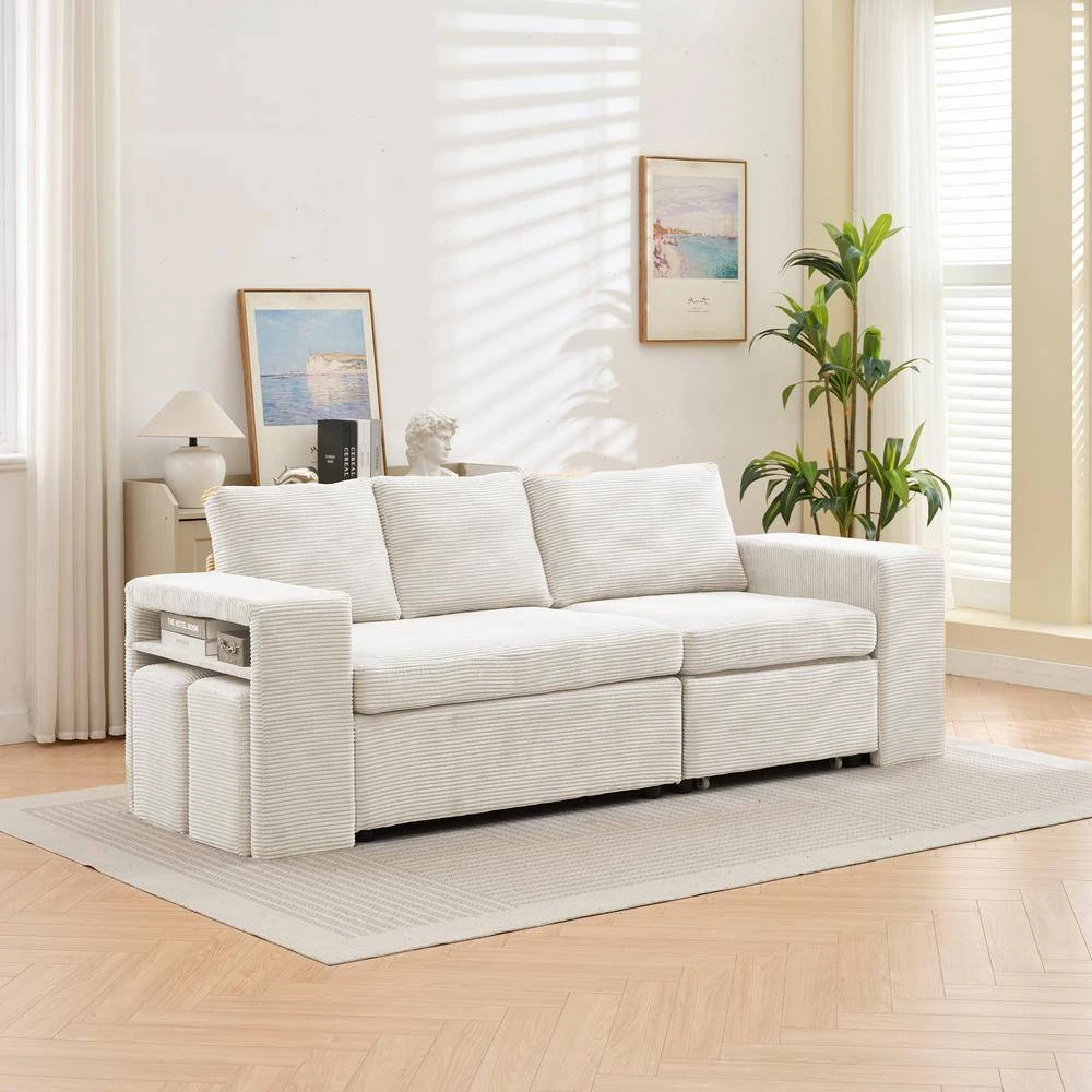 90.94 In. Beige Corduroy Upholstered L-Shaped Sleeper Sectional Sofa With Storage And Removable Ottomans For Living Room 9 90.94 In. Beige Corduroy Upholstered L-Shaped Sleeper Sectional Sofa With Storage And Removable Ottomans For Living Room - Image 9