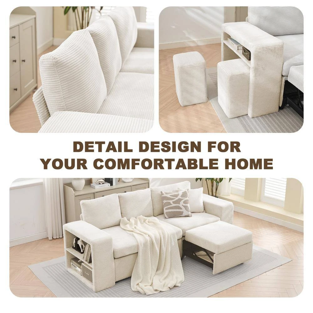 90.94 In. Beige Corduroy Upholstered L-Shaped Sleeper Sectional Sofa With Storage And Removable Ottomans For Living Room 6 90.94 In. Beige Corduroy Upholstered L-Shaped Sleeper Sectional Sofa With Storage And Removable Ottomans For Living Room - Image 6