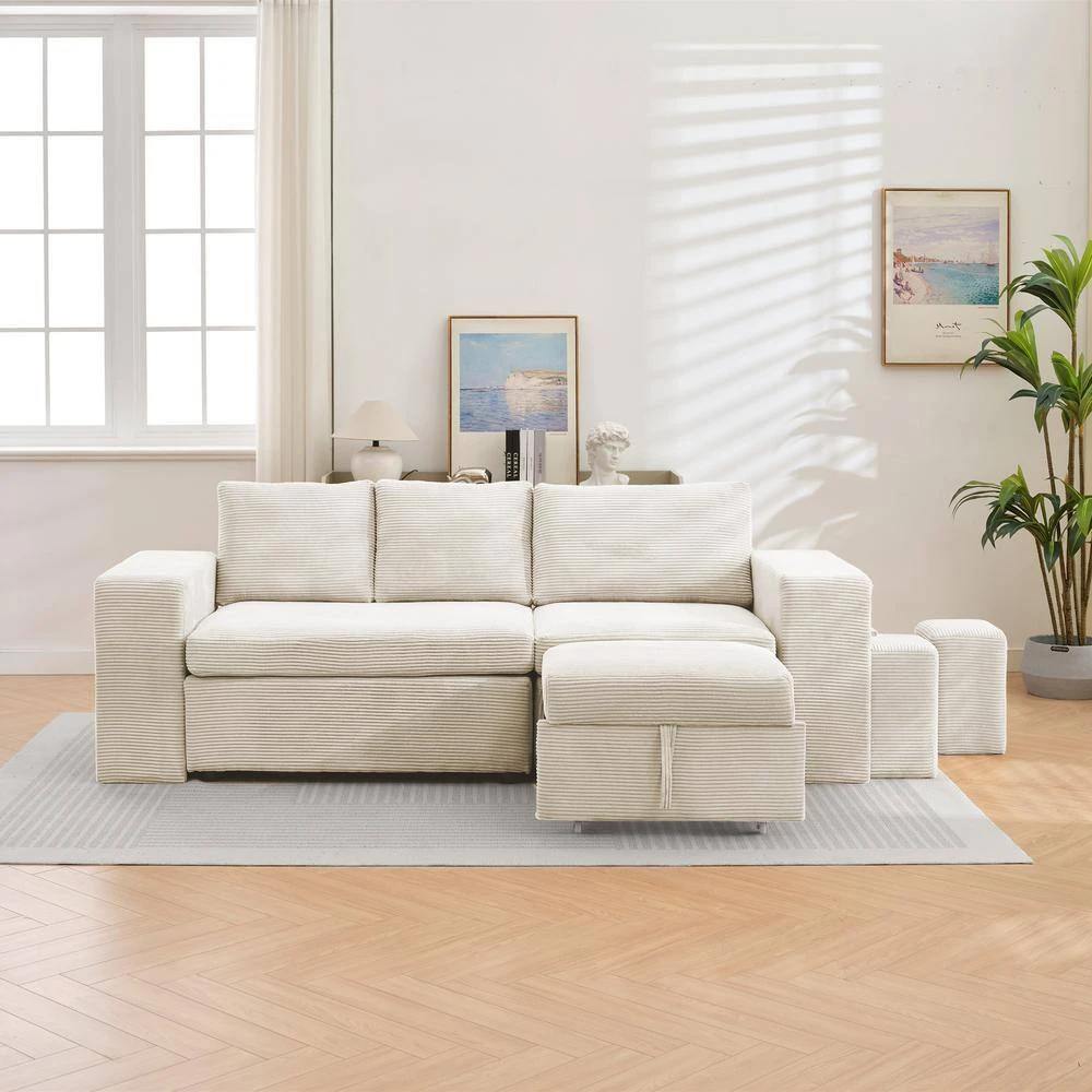 90.94 In. Beige Corduroy Upholstered L-Shaped Sleeper Sectional Sofa With Storage And Removable Ottomans For Living Room 4 90.94 In. Beige Corduroy Upholstered L-Shaped Sleeper Sectional Sofa With Storage And Removable Ottomans For Living Room - Image 4