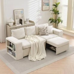 90.94 In. Beige Corduroy Upholstered L-Shaped Sleeper Sectional Sofa With Storage And Removable Ottomans For Living Room 11 90.94 In. Beige Corduroy Upholstered L-Shaped Sleeper Sectional Sofa With Storage And Removable Ottomans For Living Room -More Furniture Store beige jearey sectional sofas lsbsf beige c3 1000