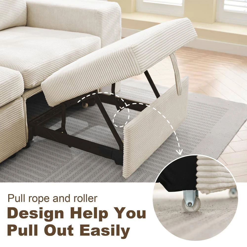 90.94 In. Beige Corduroy Upholstered L-Shaped Sleeper Sectional Sofa With Storage And Removable Ottomans For Living Room 7 90.94 In. Beige Corduroy Upholstered L-Shaped Sleeper Sectional Sofa With Storage And Removable Ottomans For Living Room - Image 7