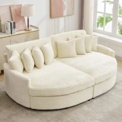 100.78 In. Beige Corduroy Detachable Sofa With Eight Pillows -More Furniture Store beige jearey sectional sofas qexdxr y beige 31 1000
