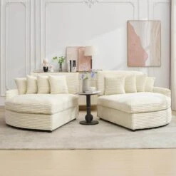 100.78 In. Beige Corduroy Detachable Sofa With Eight Pillows -More Furniture Store beige jearey sectional sofas qexdxr y beige c3 1000