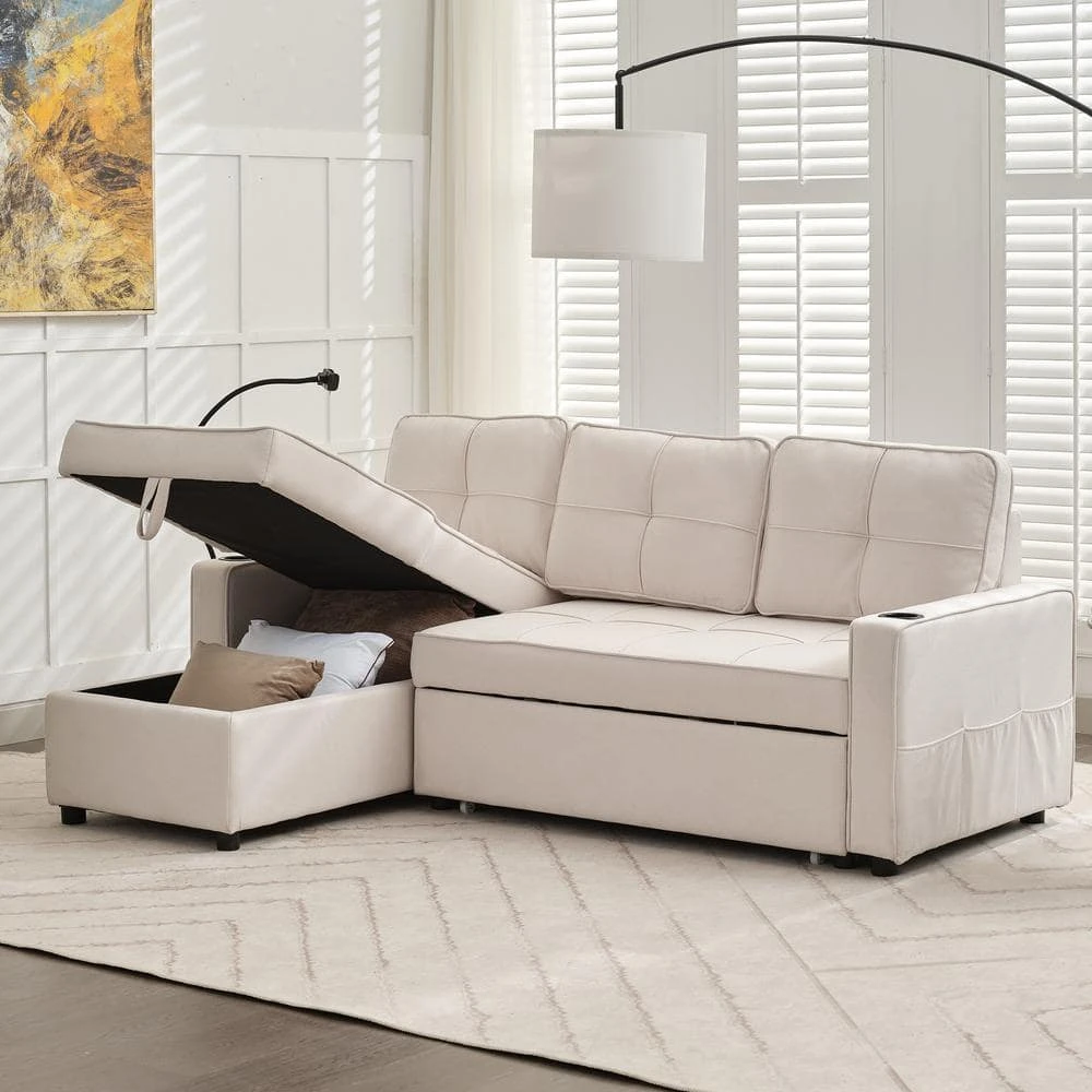 82.3 In. Beige Multi-functional Fabric Queen Size Sofa Bed With Cup Holder USB Port And Side Pockets 6 82.3 In. Beige Multi-functional Fabric Queen Size Sofa Bed With Cup Holder USB Port And Side Pockets - Image 6