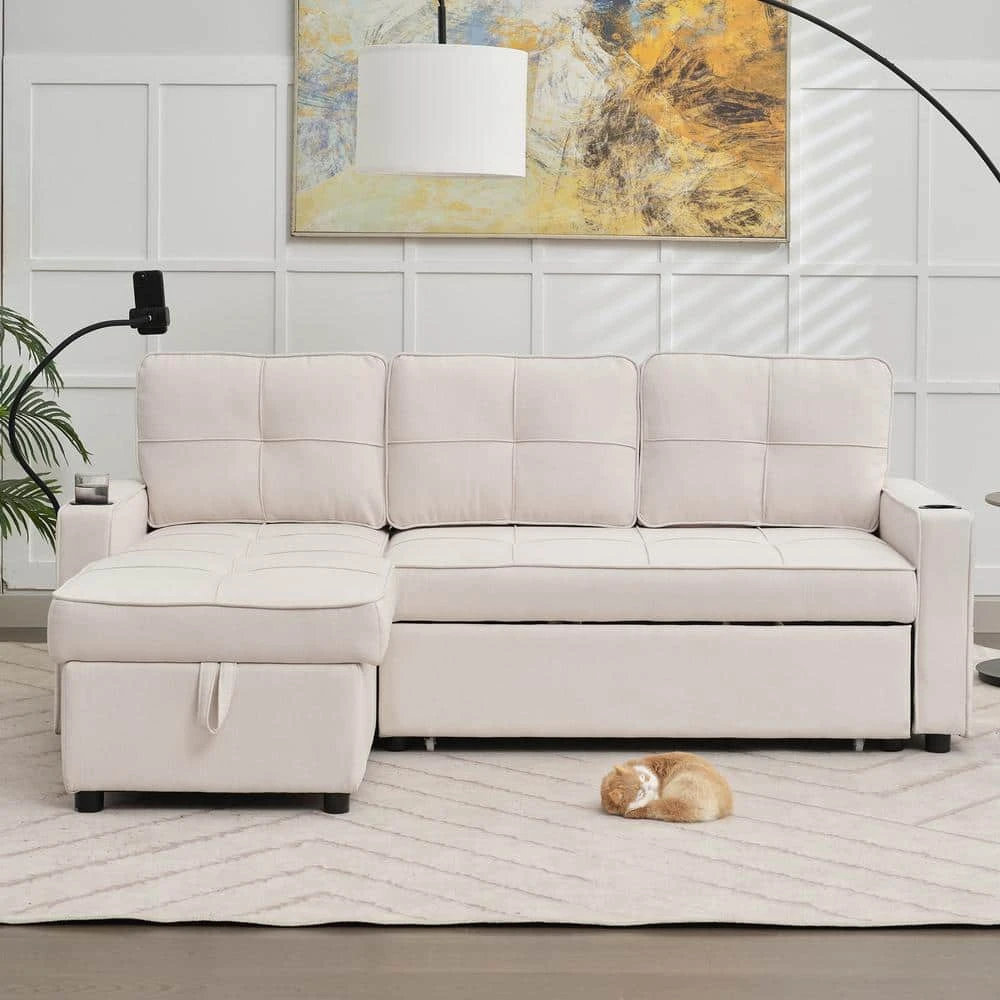 82.3 In. Beige Multi-functional Fabric Queen Size Sofa Bed With Cup Holder USB Port And Side Pockets 10 82.3 In. Beige Multi-functional Fabric Queen Size Sofa Bed With Cup Holder USB Port And Side Pockets - Image 10