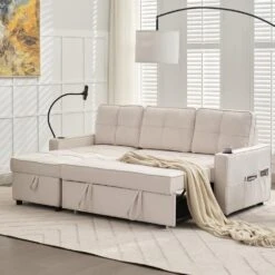 82.3 In. Beige Multi-functional Fabric Queen Size Sofa Bed With Cup Holder USB Port And Side Pockets