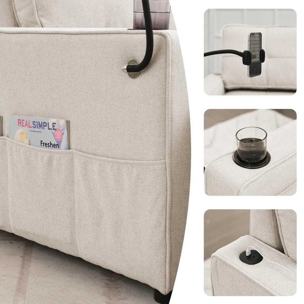 82.3 In. Beige Multi-functional Fabric Queen Size Sofa Bed With Cup Holder USB Port And Side Pockets 9 82.3 In. Beige Multi-functional Fabric Queen Size Sofa Bed With Cup Holder USB Port And Side Pockets - Image 9