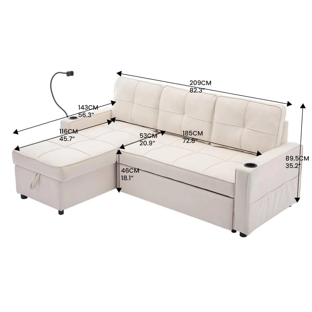82.3 In. Beige Multi-functional Fabric Queen Size Sofa Bed With Cup Holder USB Port And Side Pockets 2 82.3 In. Beige Multi-functional Fabric Queen Size Sofa Bed With Cup Holder USB Port And Side Pockets - Image 2