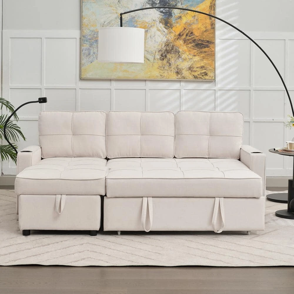 82.3 In. Beige Multi-functional Fabric Queen Size Sofa Bed With Cup Holder USB Port And Side Pockets 8 82.3 In. Beige Multi-functional Fabric Queen Size Sofa Bed With Cup Holder USB Port And Side Pockets - Image 8