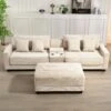 Laibai 111.81 In. Square Arm Velvet Modular 3-Piece Modern Sofa With Cup Holder And Ottoman In Beige