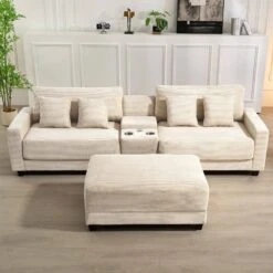 Laibai 111.81 In. Square Arm Velvet Modular 3-Piece Modern Sofa With Cup Holder And Ottoman In Beige