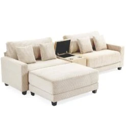 Laibai 111.81 In. Square Arm Velvet Modular 3-Piece Modern Sofa With Cup Holder And Ottoman In Beige -More Furniture Store beige jearey sofas couches dxrabc beige 66 1000