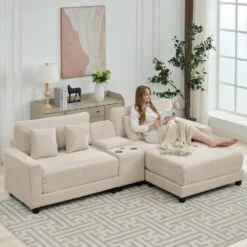 Laibai 111.81 In. Square Arm Velvet Modular 3-Piece Modern Sofa With Cup Holder And Ottoman In Beige -More Furniture Store beige jearey sofas couches dxrabc beige 76 1000