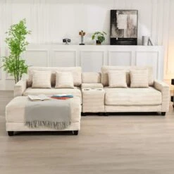 Laibai 111.81 In. Square Arm Velvet Modular 3-Piece Modern Beige Sofa With Cup Holder And Ottoman -More Furniture Store beige jearey sofas couches xdxrabc beige 1f 1000