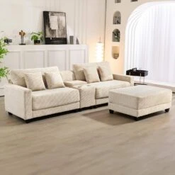 Laibai 111.81 In. Square Arm Velvet Modular 3-Piece Modern Beige Sofa With Cup Holder And Ottoman -More Furniture Store beige jearey sofas couches xdxrabc beige 31 1000