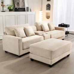 Laibai 111.81 In. Square Arm Velvet Modular 3-Piece Modern Beige Sofa With Cup Holder And Ottoman -More Furniture Store beige jearey sofas couches xdxrabc beige 44 1000