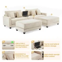 Laibai 111.81 In. Square Arm Velvet Modular 4-Piece Modern Beige Sofa With Cup Holder And Ottoman -More Furniture Store beige jearey sofas couches xdxrabcd beige 1f 1000