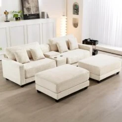 Laibai 111.81 In. Square Arm Velvet Modular 4-Piece Modern Beige Sofa With Cup Holder And Ottoman -More Furniture Store beige jearey sofas couches xdxrabcd beige 31 1000