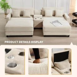 Laibai 111.81 In. Square Arm Velvet Modular 4-Piece Modern Beige Sofa With Cup Holder And Ottoman -More Furniture Store beige jearey sofas couches xdxrabcd beige 4f 1000