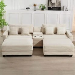 Laibai 111.81 In. Square Arm Velvet Modular 4-Piece Modern Beige Sofa With Cup Holder And Ottoman