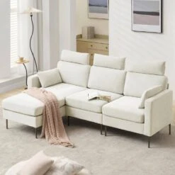 89 In. Square Arm Fabric L Shape Sectional Sofa With Chaise Lounge And Pillow In Beige -More Furniture Store beige jearey sofas couches xne 1 beige 1f 1000