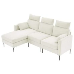 89 In. Square Arm Fabric L Shape Sectional Sofa With Chaise Lounge And Pillow In Beige -More Furniture Store beige jearey sofas couches xne 1 beige c3 1000