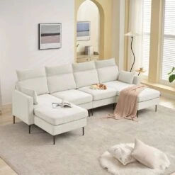 116.53 In. Square Arm Fabric U Shape Sectional Sofa With 2-Chaise Lounge And Pillow In Beige -More Furniture Store beige jearey sofas couches xne 2 beige 31 1000