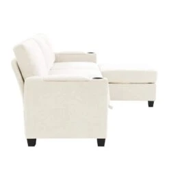 Modern 91 In. Beige Chenille Square Arm L-Shaped Storage Sofa With Cup Holder And Ottoman For Living -More Furniture Store beige jearey sofas couches xnecw 3 beige 1f 1000