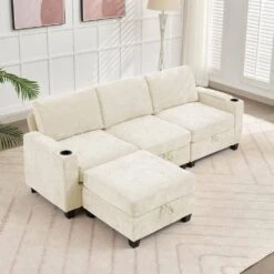 Modern 91 In. Beige Chenille Square Arm L-Shaped Storage Sofa With Cup Holder And Ottoman For Living -More Furniture Store beige jearey sofas couches xnecw 3 beige 31 1000