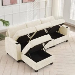 Modern 91 In. Beige Chenille Square Arm L-Shaped Storage Sofa With Cup Holder And Ottoman For Living -More Furniture Store beige jearey sofas couches xnecw 3 beige 44 1000