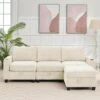 Modern 91 In. Beige Chenille Square Arm L-Shaped Storage Sofa With Cup Holder And Ottoman For Living