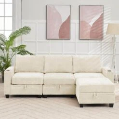 Modern 91 In. Beige Chenille Square Arm L-Shaped Storage Sofa With Cup Holder And Ottoman For Living