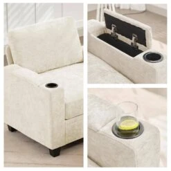 Modern 91 In. Beige Chenille Square Arm L-Shaped Storage Sofa With Cup Holder And Ottoman For Living -More Furniture Store beige jearey sofas couches xnecw 3 beige c3 1000