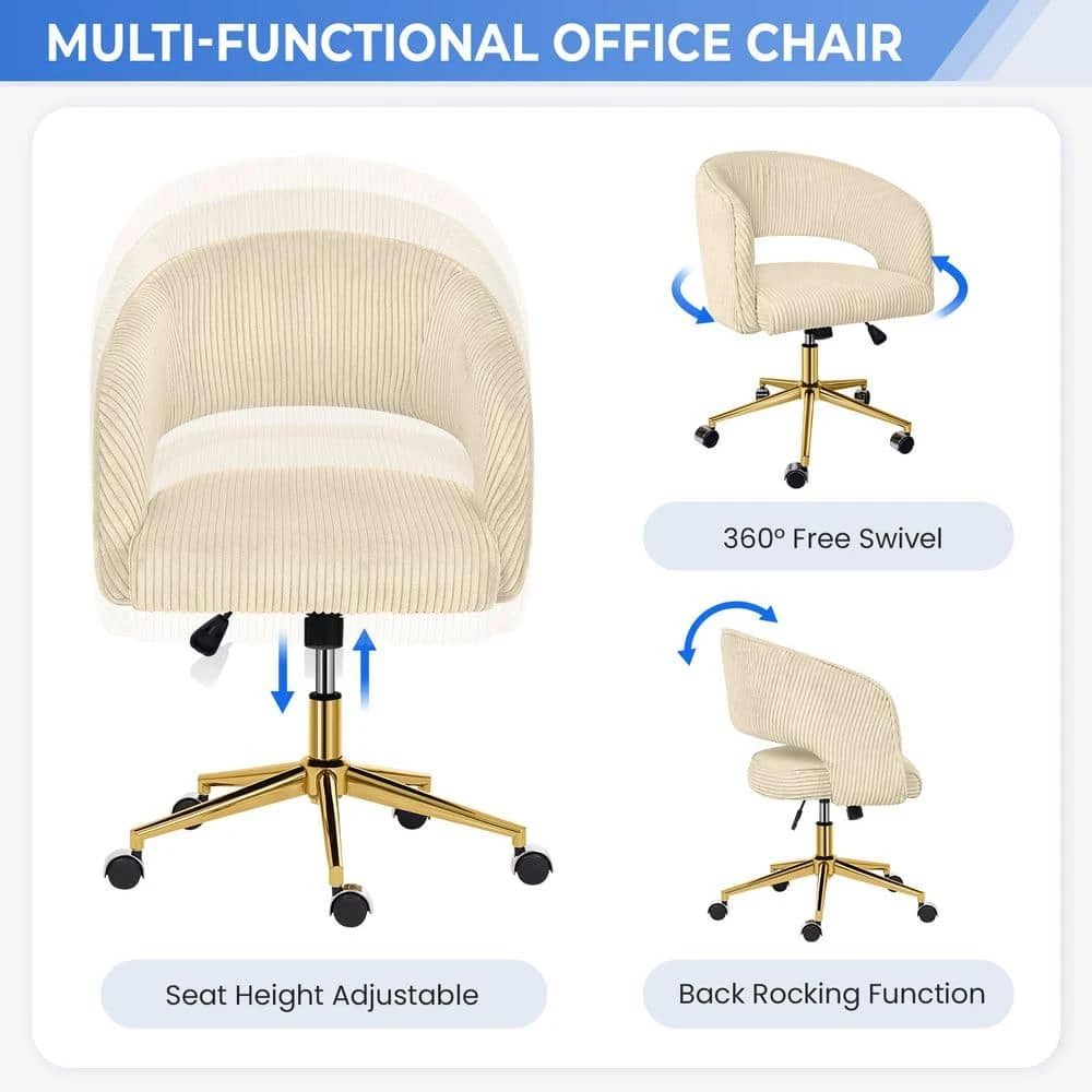 Beige Modern Swivel And Adjustable Task Chair Tufted Office Chair With Gold Base 2 Beige Modern Swivel And Adjustable Task Chair Tufted Office Chair With Gold Base - Image 2