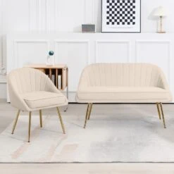 Atye 2 Piece Beige Living Room Velvet Loveseat And Accent Chair Set