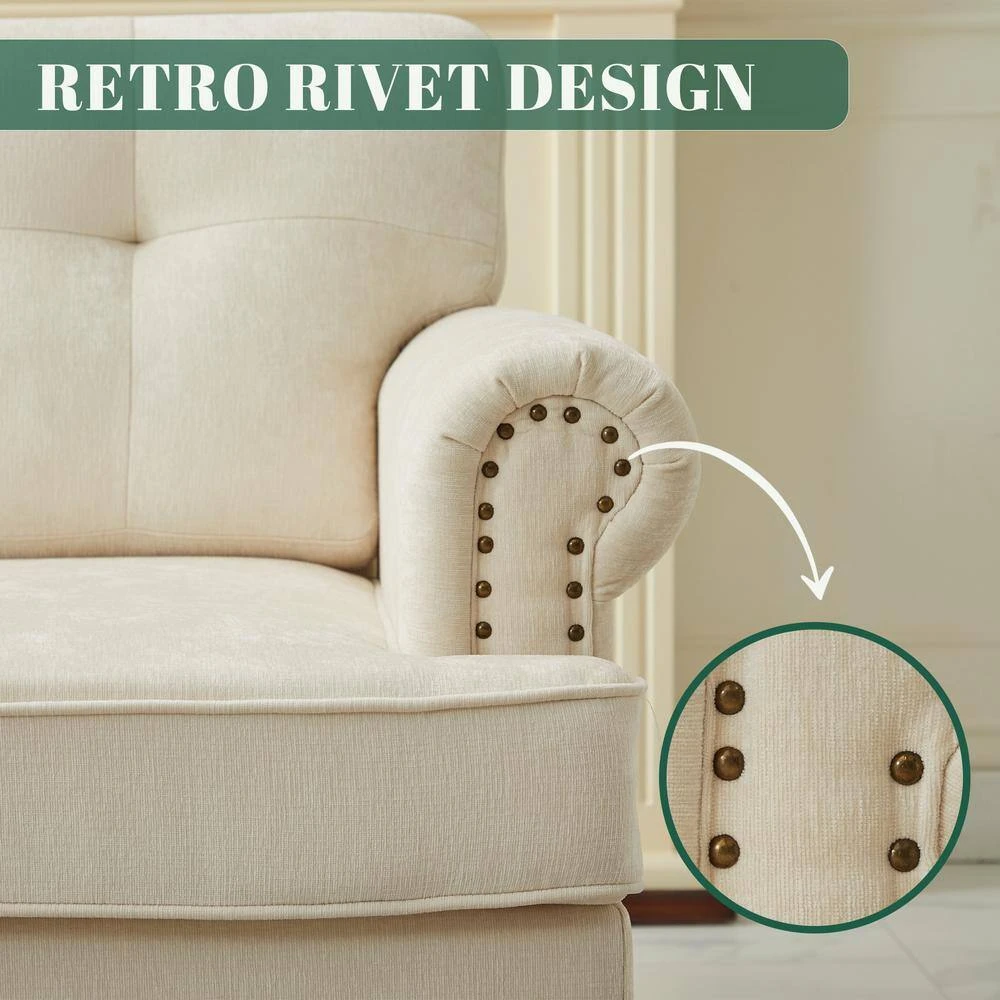Modern 2-Piece Beige Polyester Nailhead Trim Flared Arm Tufted Back Sofa Set Chair And Loveseat Sofa Living Room Set 5 Modern 2-Piece Beige Polyester Nailhead Trim Flared Arm Tufted Back Sofa Set Chair And Loveseat Sofa Living Room Set - Image 5